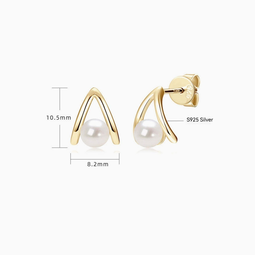 V Shaped Freshwater Pearl Stud Earrings - Gold