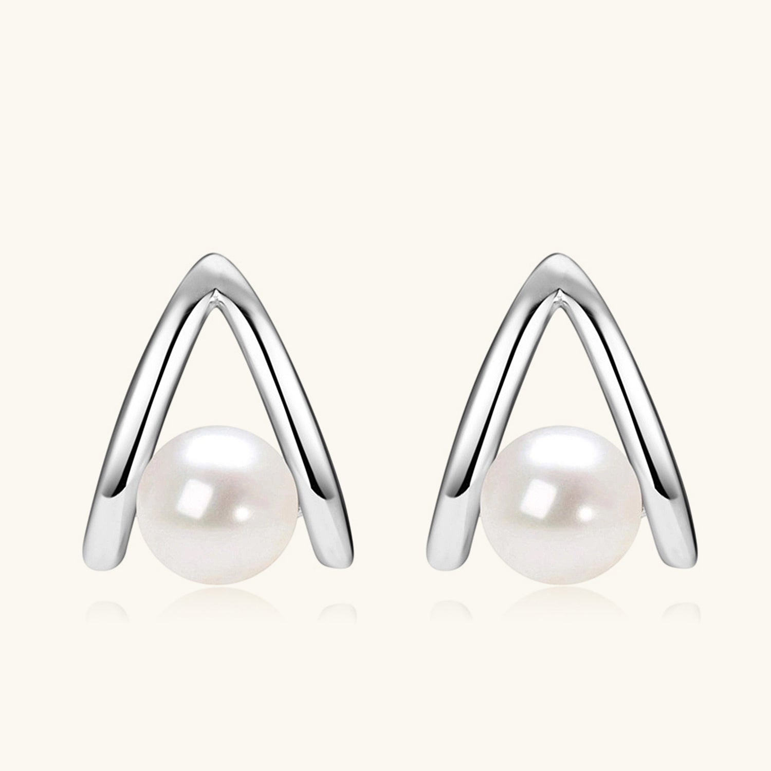 V Shaped Freshwater Pearl Stud Earrings - Silver