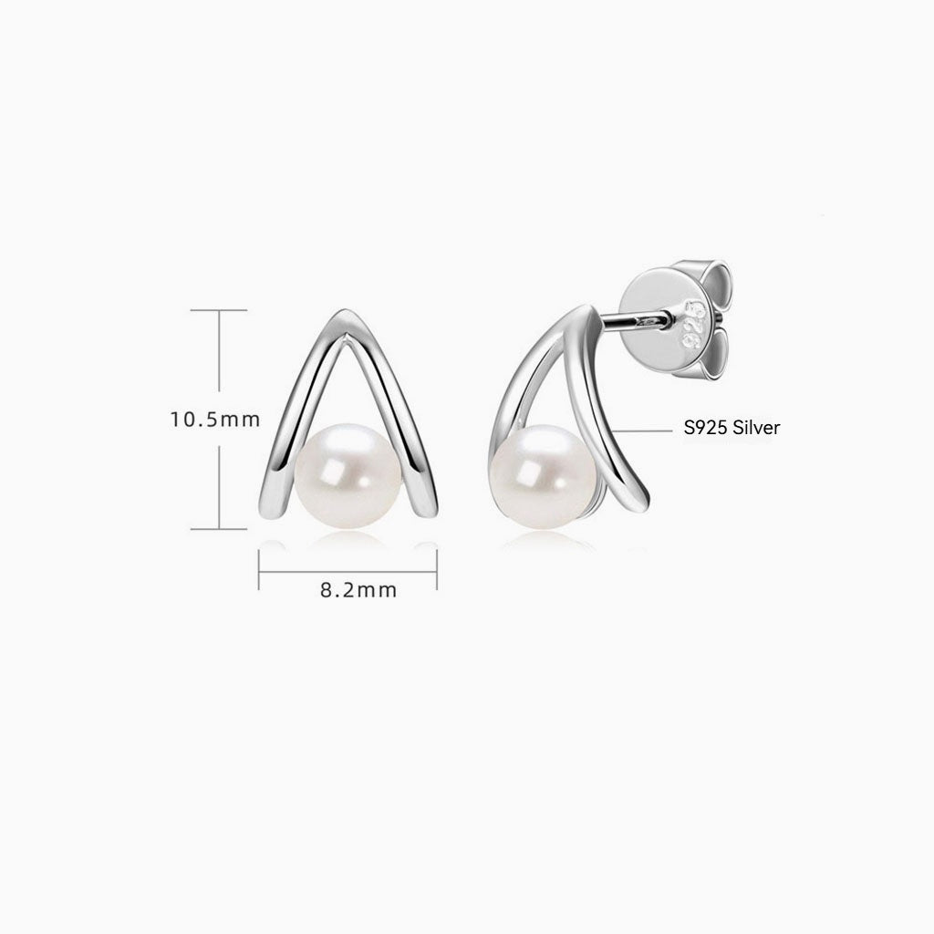 V Shaped Freshwater Pearl Stud Earrings - Silver