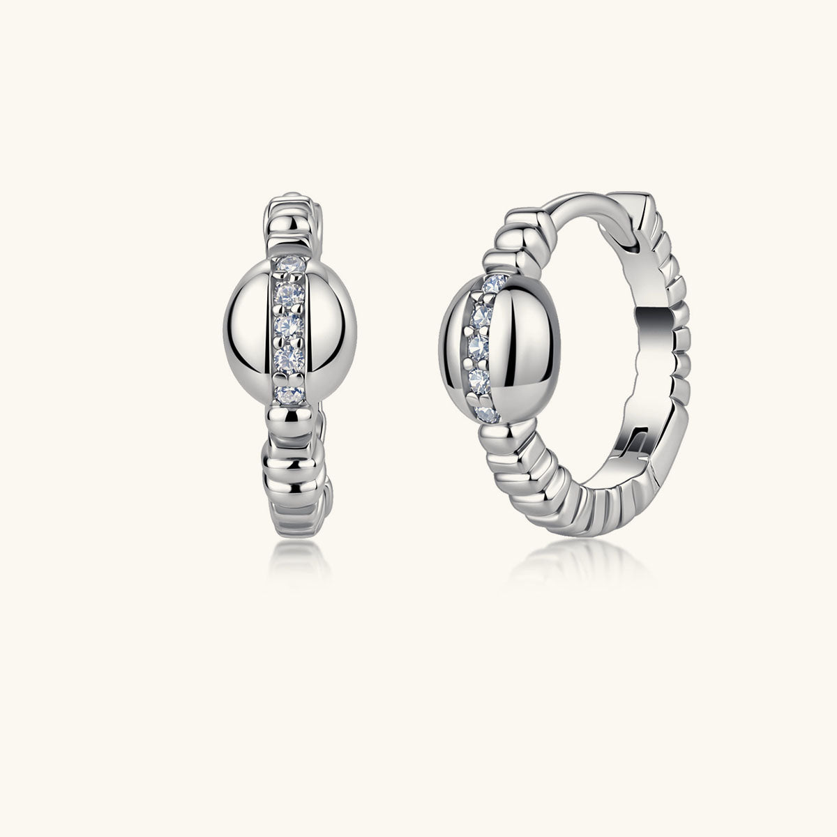 Vertical Moissanite Ribbed Huggie Hoop Earrings - Silver