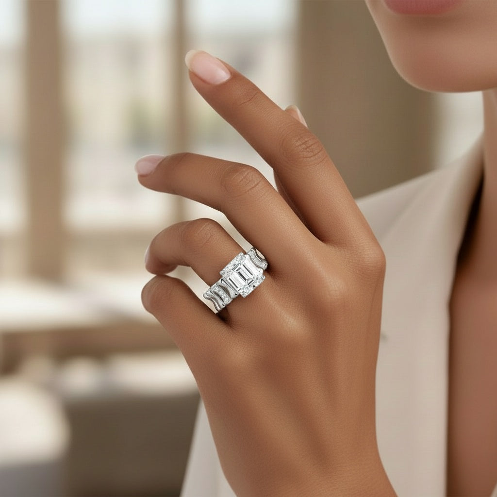 Vintage Emerald Moissanite Ring - Silver