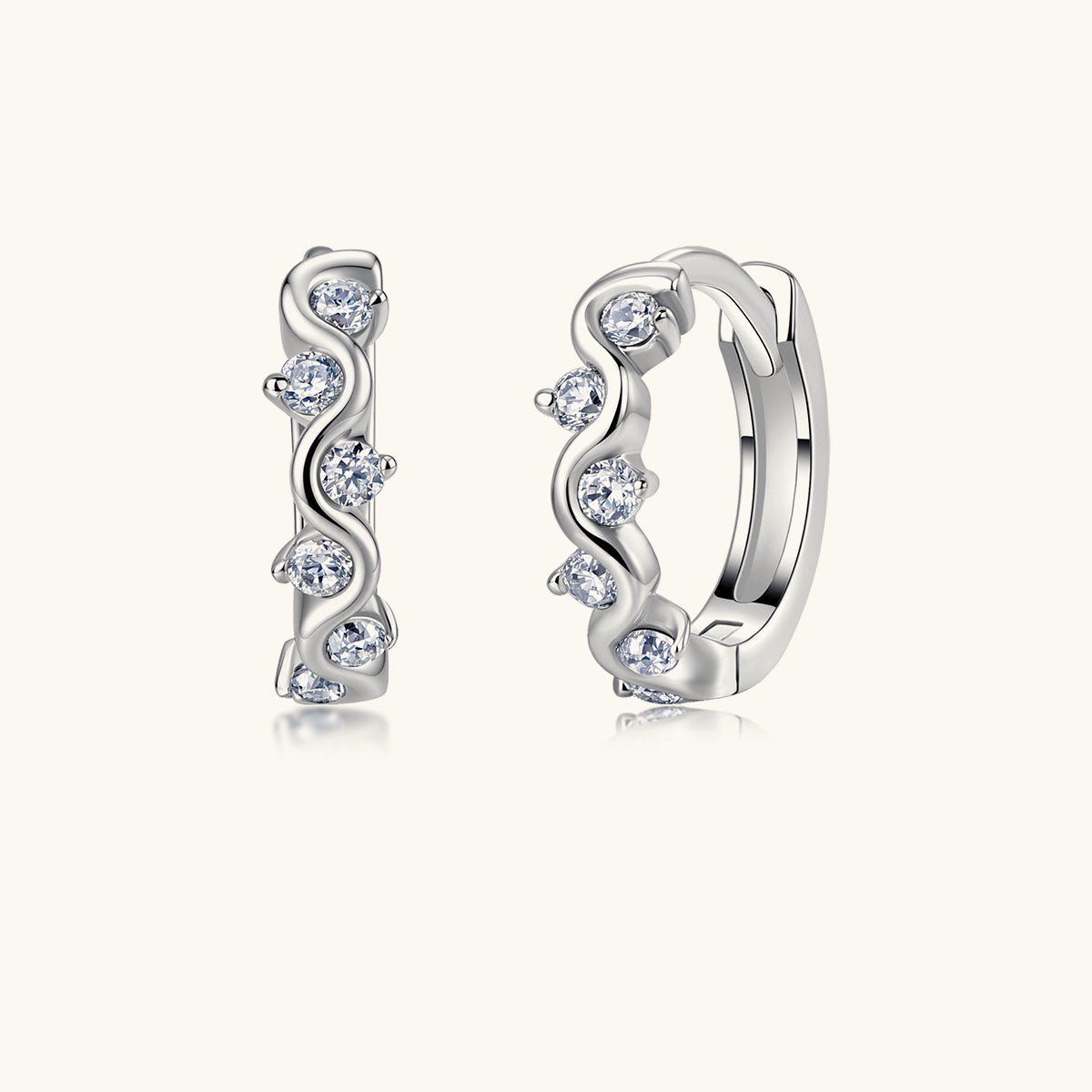 Wave Moissanite Huggie Hoop Earrings - Silver
