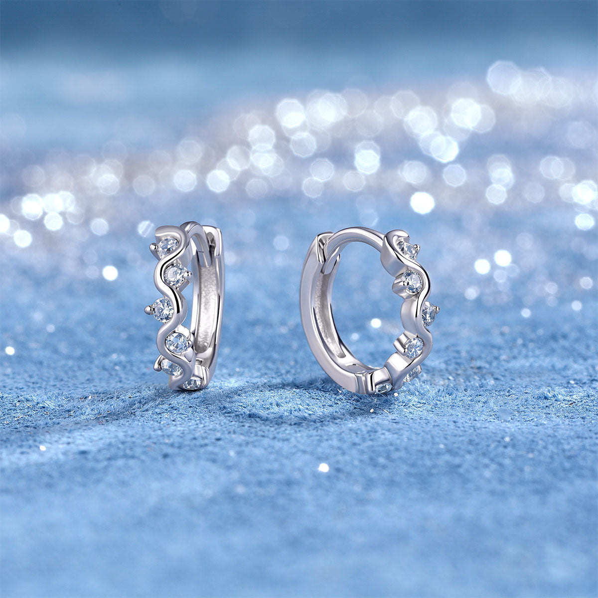 Wave Moissanite Huggie Hoop Earrings - Silver