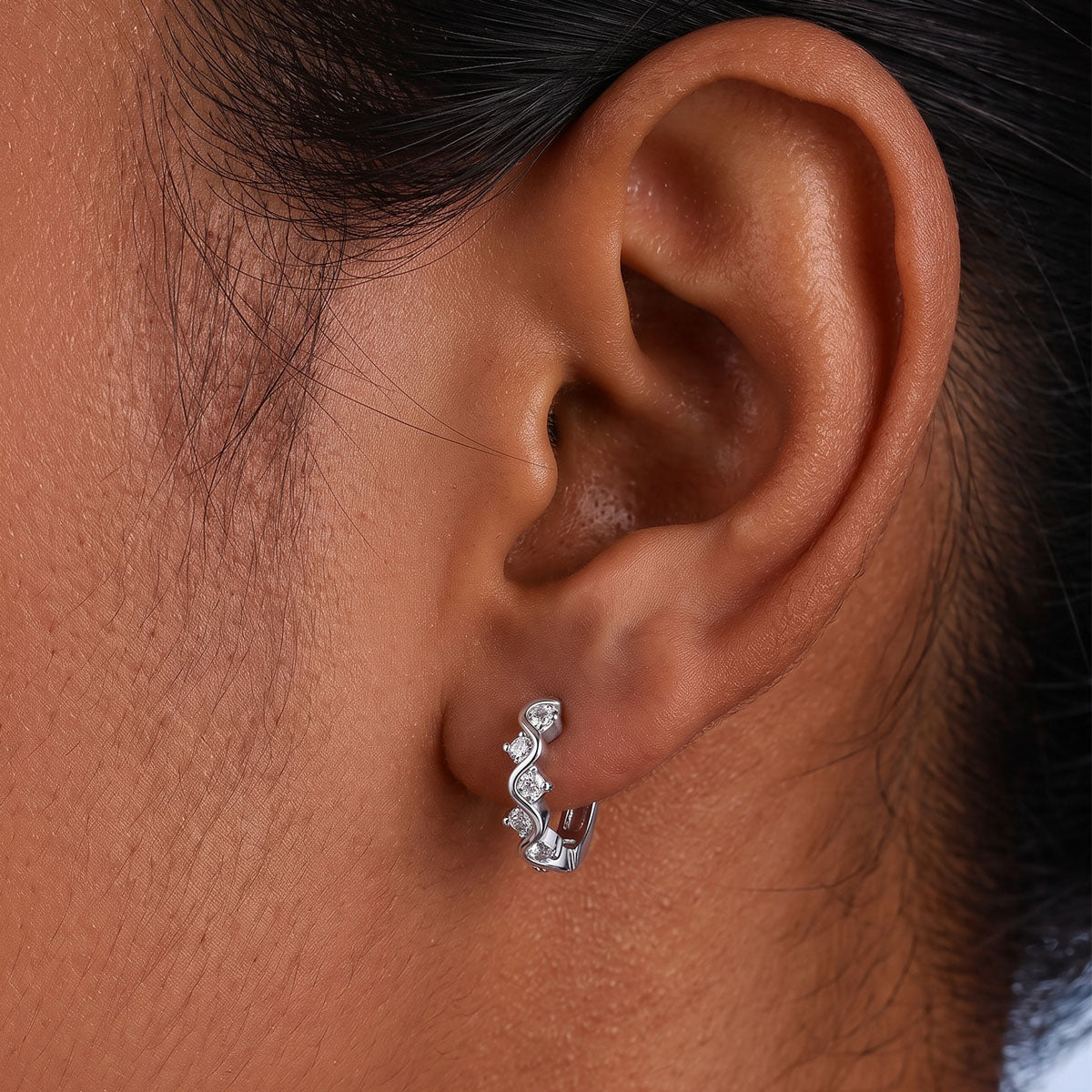 Wave Moissanite Huggie Hoop Earrings - Silver