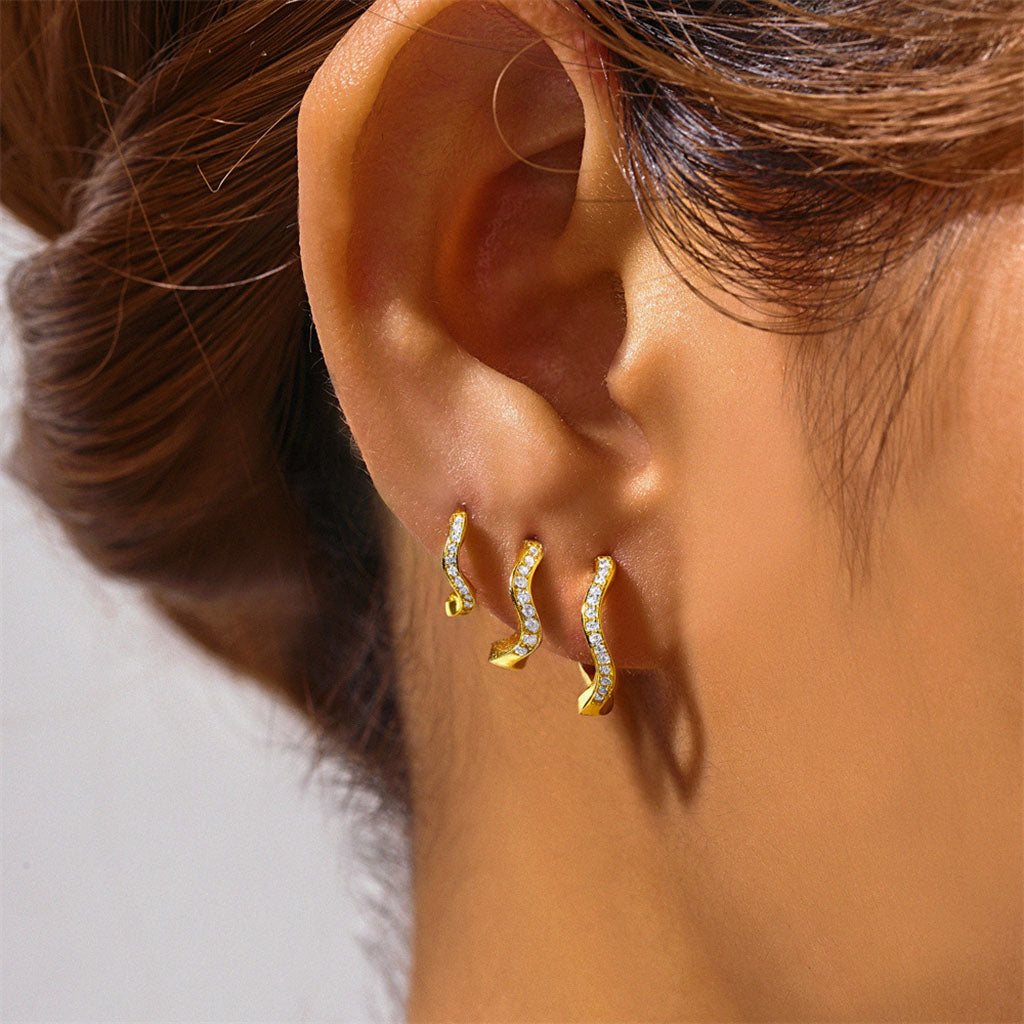 Wavy 3 Piece Diamond Huggie Hoop Earring Bundles - Gold