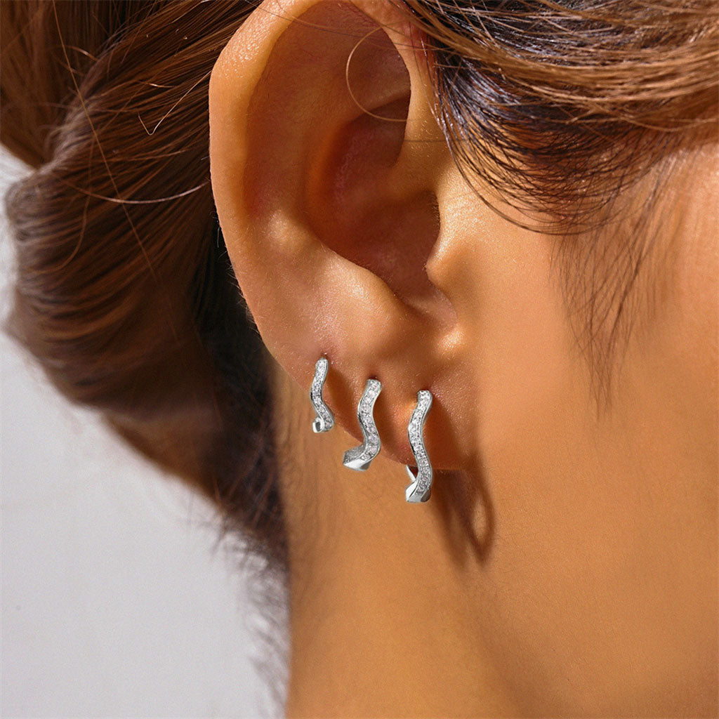 Wavy 3 Piece Diamond Huggie Hoop Earring Bundles - Silver