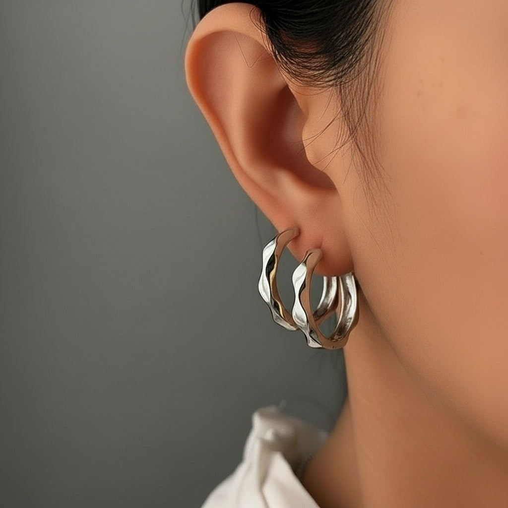 Wavy Ripped Hoop Earrings - Silver