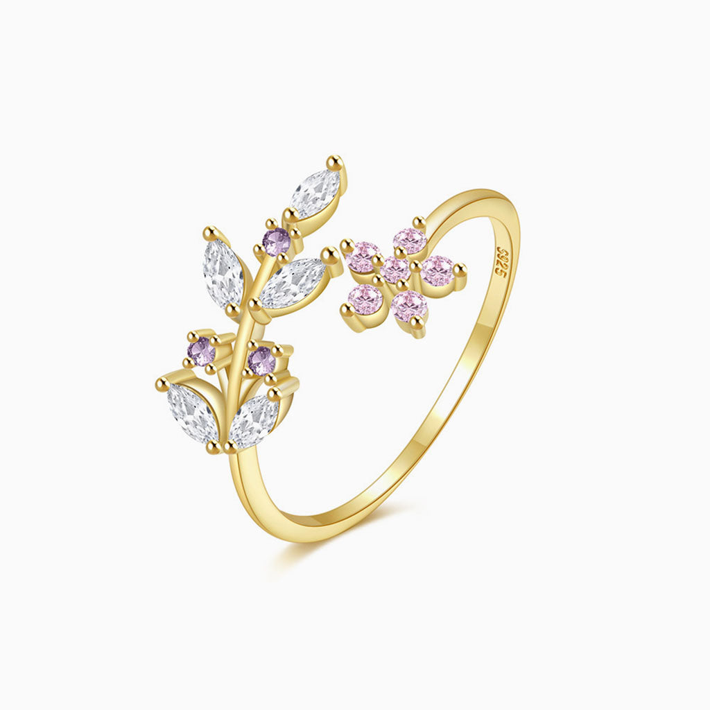 Wrap Diamond Floral Open Ring - Gold