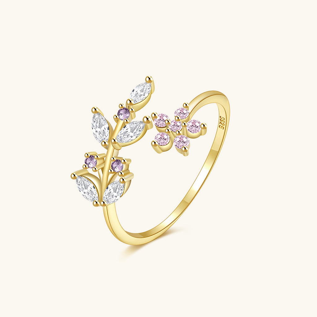 Wrap Diamond Floral Open Ring - Gold