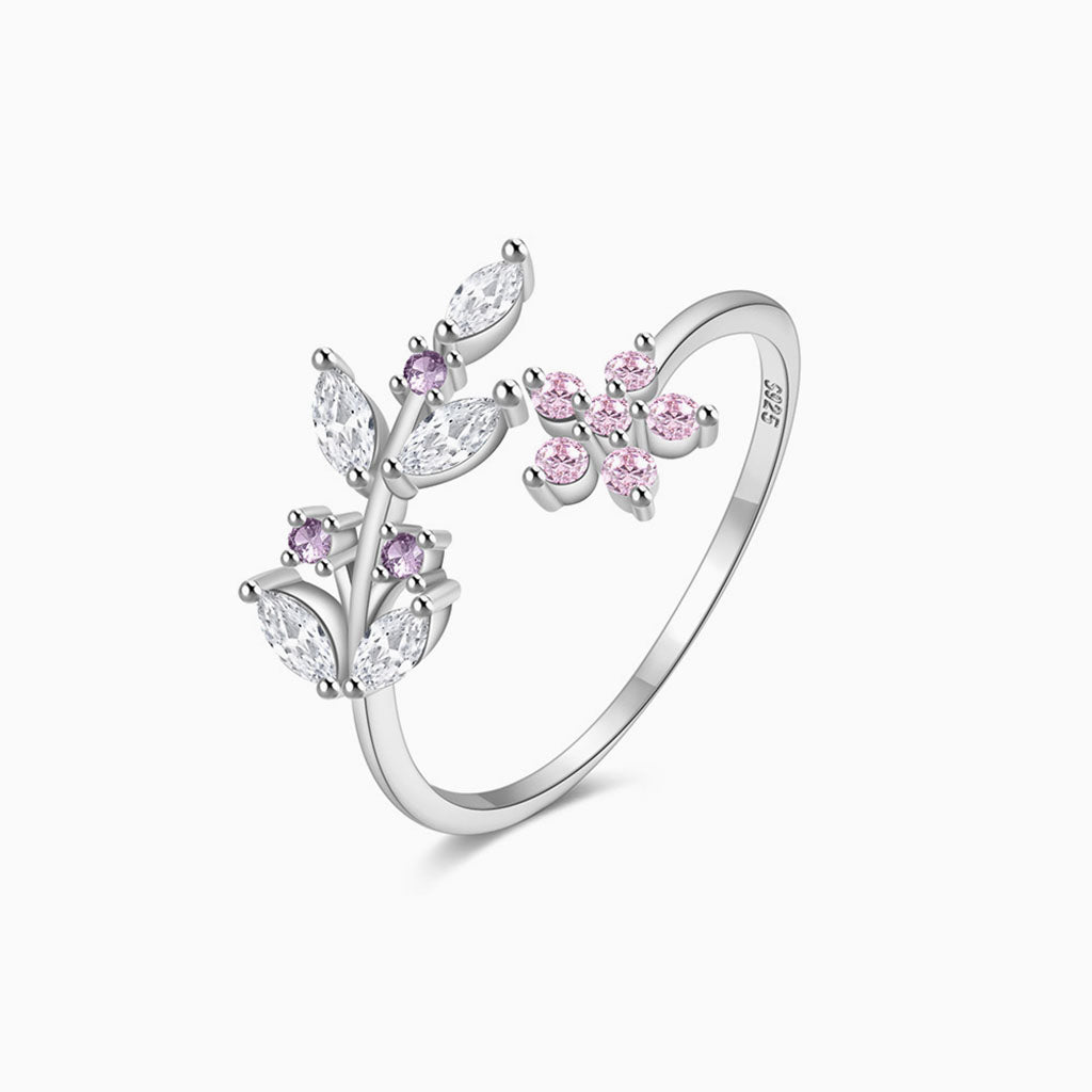 Wrap Diamond Floral Open Ring - Silver