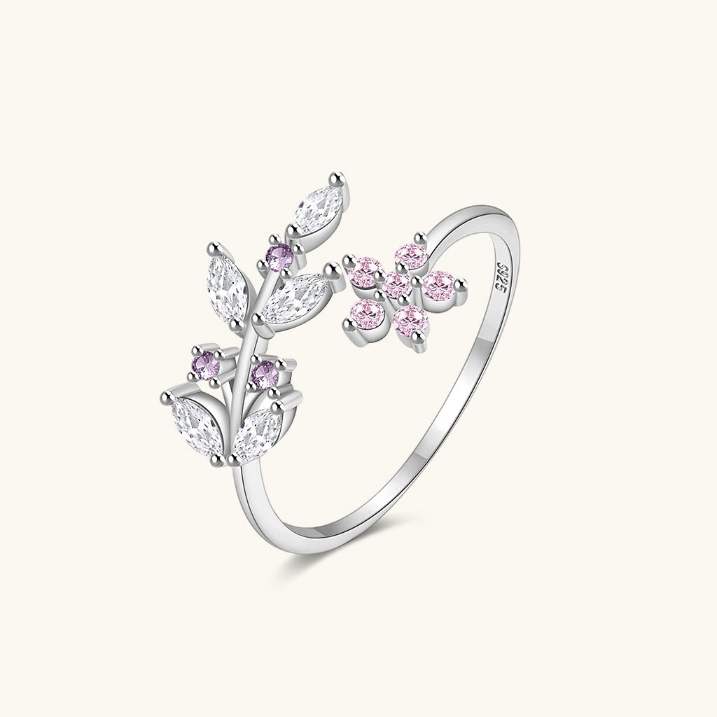 Wrap Diamond Floral Open Ring - Silver