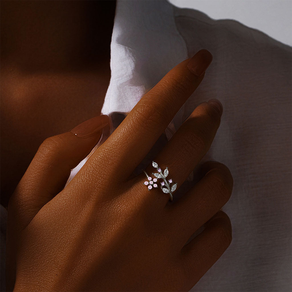 Wrap Diamond Floral Open Ring - Silver