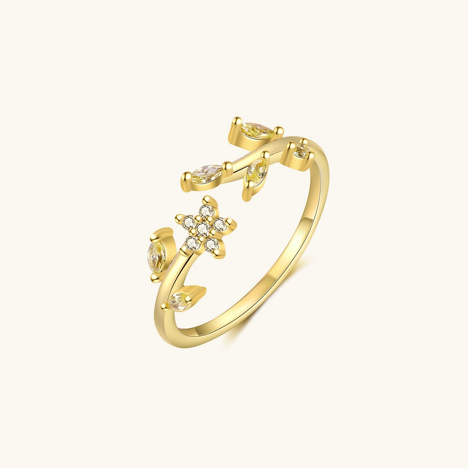 Yellow Diamond Floral Open Ring - Gold