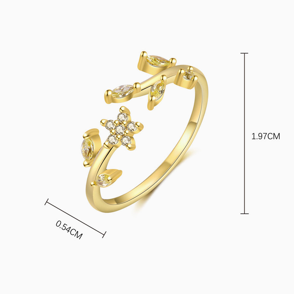 Yellow Diamond Floral Open Ring - Gold
